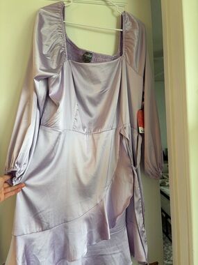 ARULA Lilac Satin Long Sleeve Ruffle Dress